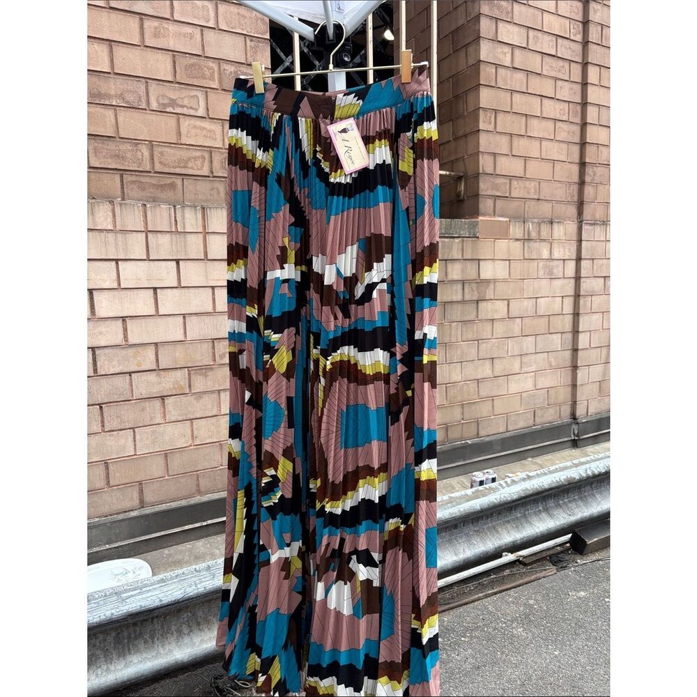 ✨NWT✨ Pleated Geometric Abstract Print Maxi Skirt Blue Pink Brown Size Medium